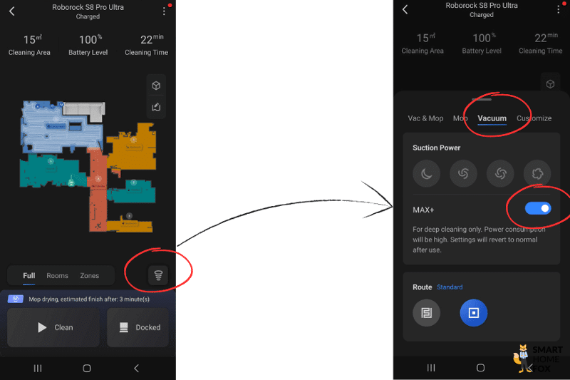 Max+ Saugkrafteinstellung wird in der Roborock S8 Pro Ultra App eingestellt.